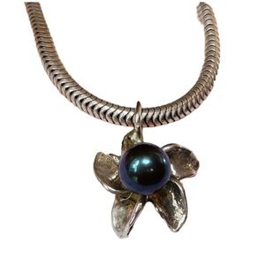 Tahitian Black Pearl and 925  Plumeria Pendant on a .925 Snake chain
